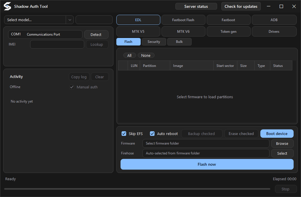 Shadow Auth Tool workspace with EDL, Fastboot, ADB and MediaTek mode tabs, device controls, Activity panel and partition table